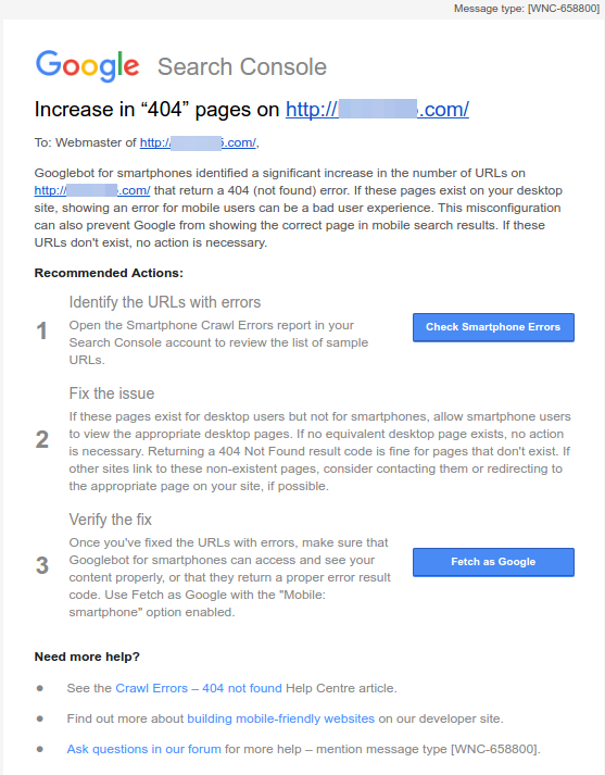 Increase in "404" pages warning email