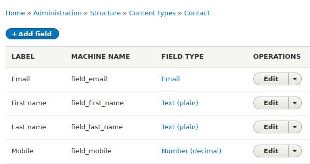 Customer Contact type in Drupal with first, last, email and mobile details