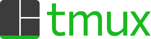 tmux logo, three terminal panes with the word "tmux" to the right