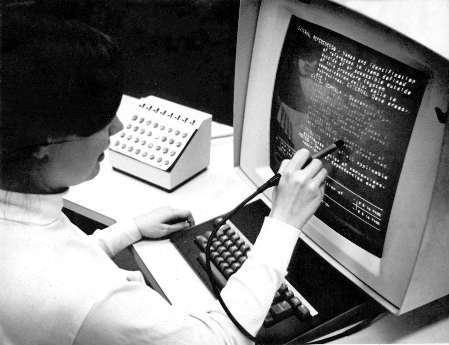 Photo by Greg Lloyd 1969, Photo of Hypertext Editing System (HES) console at Brown University, circa October 1969.